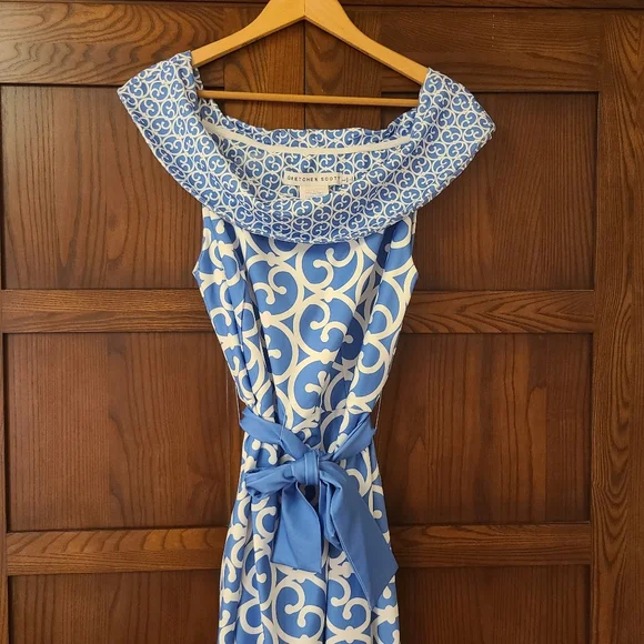 Gretchen Scott Heavens Gate Off Shoulder Belted Dress Blue White Size Large - Picture 2 of 7